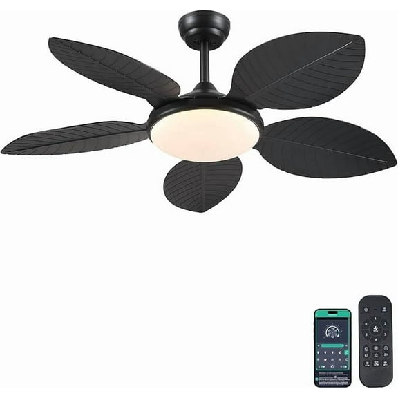BayDay 48 Inch Tropical Ceiling Fan with Lights & Remote Control, APP Operable, 6 Speeds, Dimmable LED, Reversible Palm Leaf Fan for Bedroom, Living Room, Patio, Porch, Modern Black