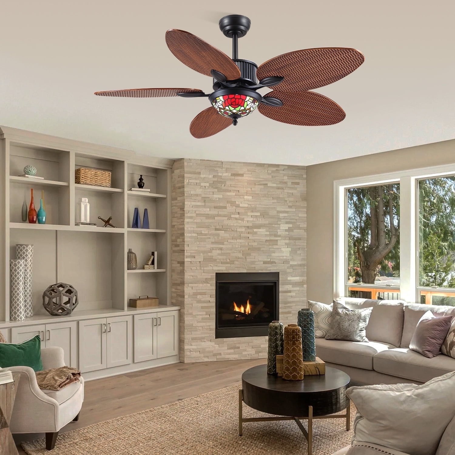 BayDay 48 Inch Tropical Ceiling Fan with Lights & Remote Control, APP Operable, 6 Speeds, Dimmable LED, Reversible Palm Leaf Fan for Bedroom, Living Room, Patio, Porch, Modern Black