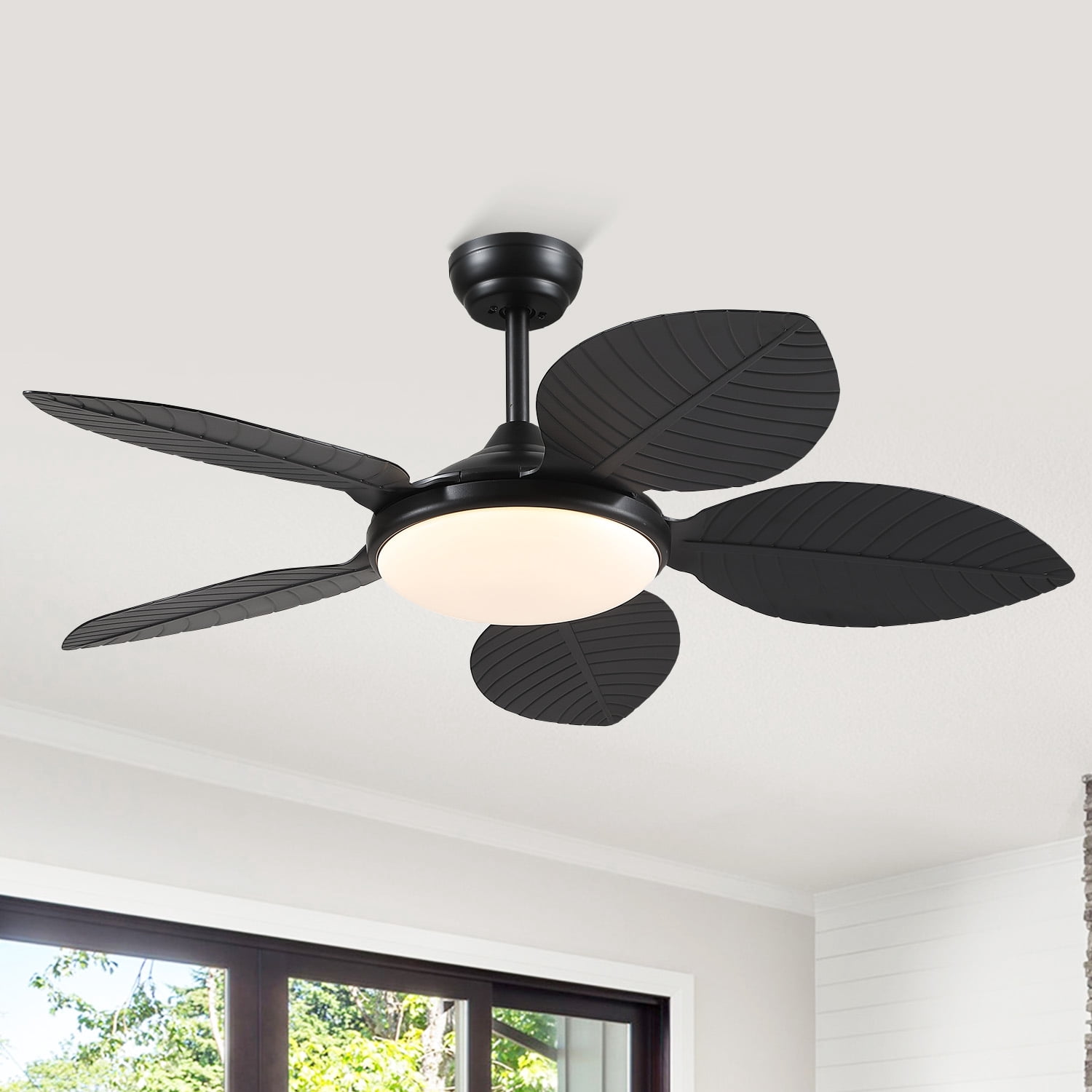 BayDay 48 Inch Tropical Ceiling Fan with Lights & Remote Control, APP Operable, 6 Speeds, Dimmable LED, Reversible Palm Leaf Fan for Bedroom, Living Room, Patio, Porch, Modern Black