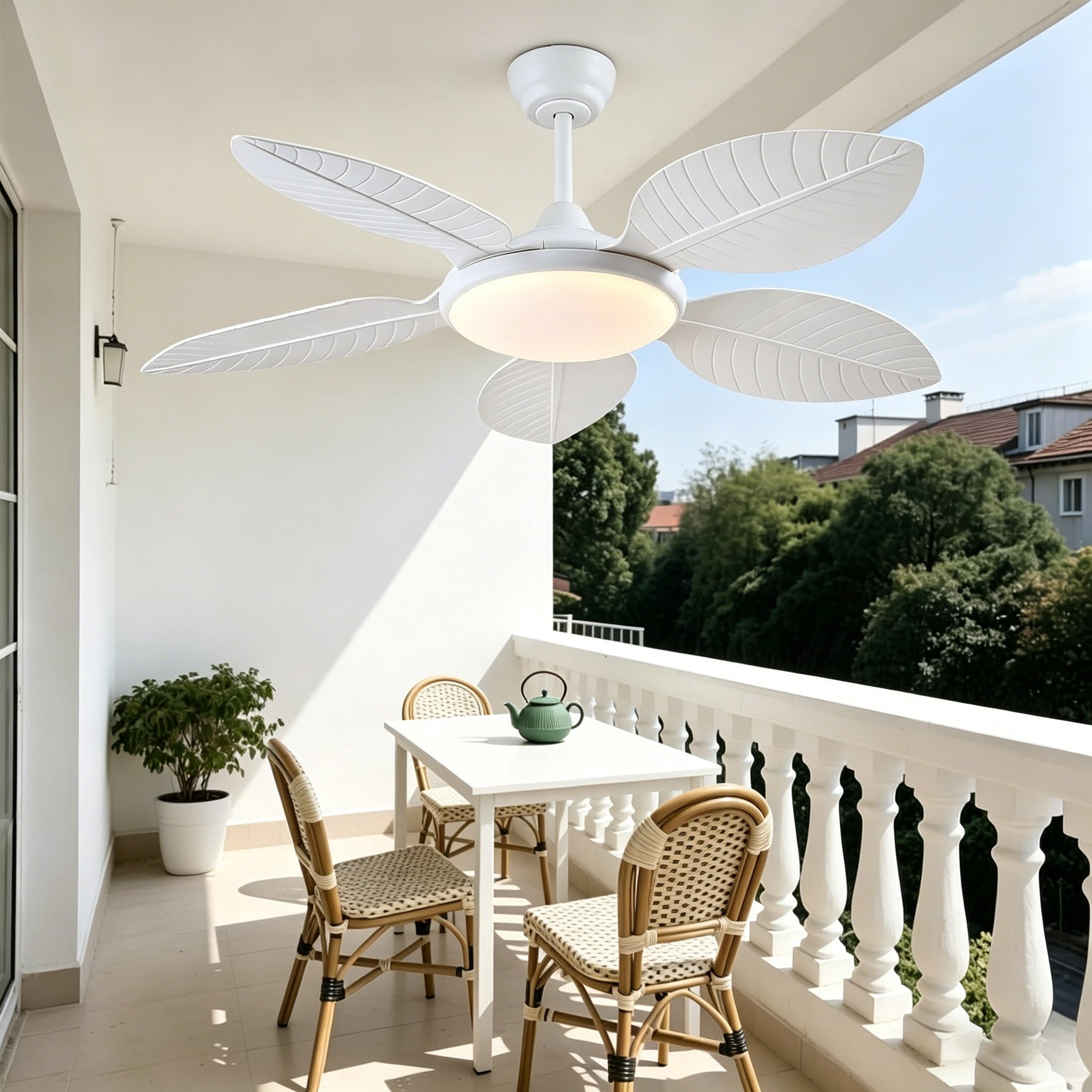 PHORUS 48'' Tropical Palm Leaf Ceiling Fan with LED Light, Remote & App Control, Quiet 6-Speed Reversible DC Motor, Dimmable Ambient Lighting, Indoor & Covered Outdoor Use,White