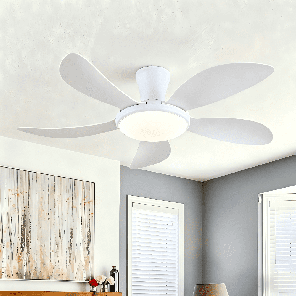 PHORUS 48" White Low Profile Ceiling Fan with Light and Remote, Dimmable 3-Color LED, 6-Speed Quiet Reversible DC Motor, APP Control, Energy-Efficient Indoor/Outdoor Ceiling Fan