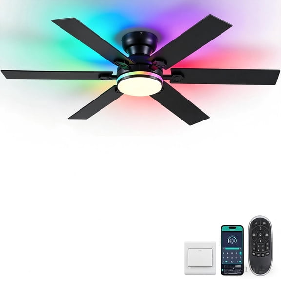Phorus 52" Black Ceiling Fan with Dimmable LED Light & RGB Ambient Ring, Remote & App Control, Quiet DC Motor, 6 Speeds, Reversible Airflow, Energy Efficient
