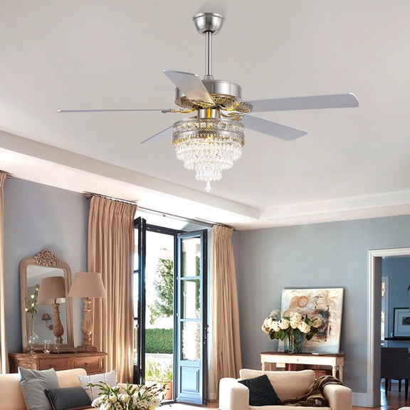 PHORUS 52'' Modern Crystal Ceiling Fan with Lights Remote Control,5 Blades Fandelier Ceiling Fan with Light,Whisper-Quiet Motor,Elegant Chandelier Fan for Living Room,Silver