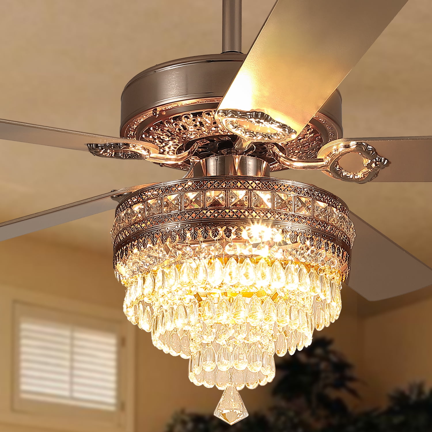 PHORUS 52" Crystal Ceiling Fan with Lights, Gold Fandelier, Remote Control, Silent AC Motor, Energy-Efficient, 3-Speed, Retro/Farmhouse Style for Living Room, Bedroom, Dining Room