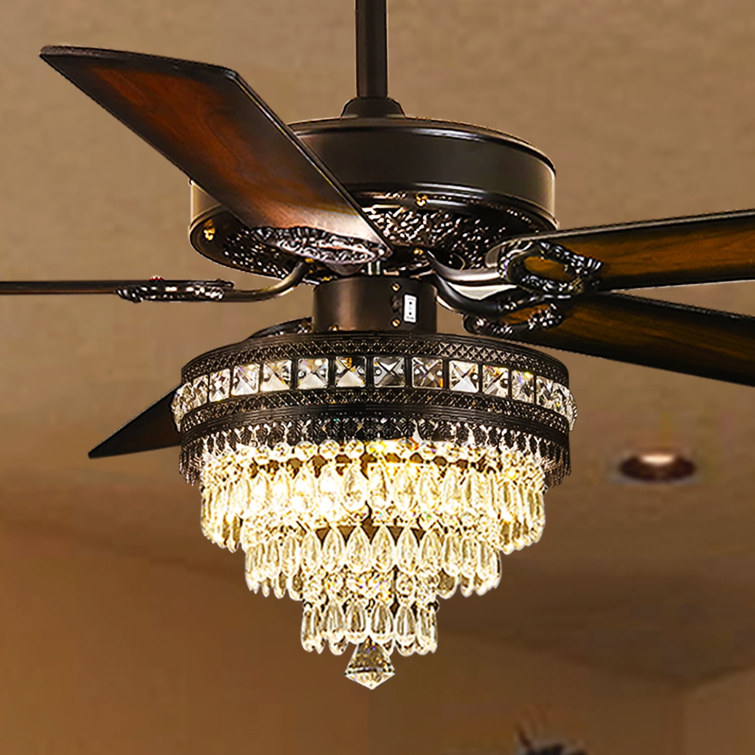 PHORUS 52'' Modern Crystal Ceiling Fan with Lights Remote Control,5 Blades Fandelier Ceiling Fan with Light,Whisper-Quiet Motor,Elegant Chandelier Fan for Living Room,Black