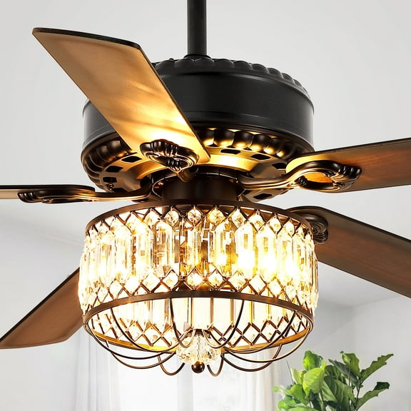 BayDay 52" Farmhouse Ceiling Fan with Lights & Remote, Crystal Fandelier Chandelier, Quiet Wood Blades, 6-Speed, Adjustable Timer, Black, Modern Ceiling Fan for Living Room, Bedroom, Dining Room