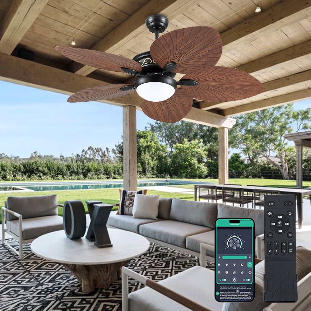 PHORUS 52" Tropical Palm Leaf Ceiling Fan with Dimmable LED Light and Remote, DC Reversible Motor, Indoor/Outdoor,Brown