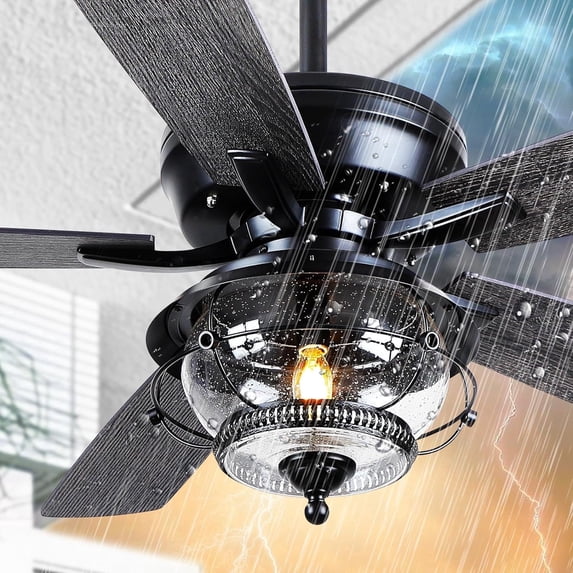 Phorus 52 in Outdoor Ceiling Fan with Light, Wet Rated Waterproof, 6-Speed Reversible Motor, Remote Control, Black