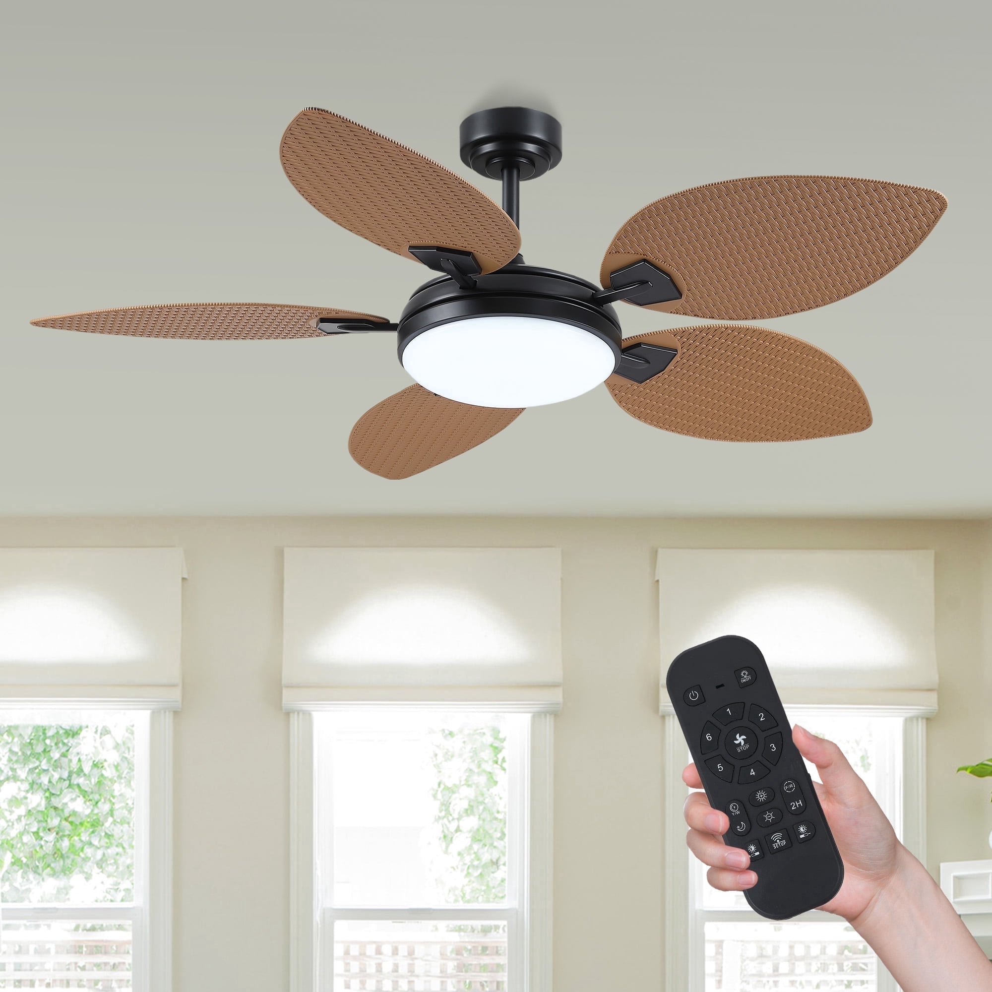 PHORUS 52" Tropical Palm Leaf Ceiling Fan with LED Light, Light Brown, Remote & APP Control, 6-Speed Reversible DC Motor, Dimmable, Indoor & Covered Outdoor