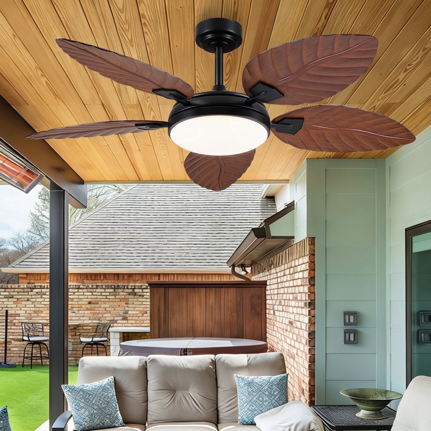 PHORUS 52" Brown Tropical Ceiling Fan with LED Light, Remote & App Control, Quiet Reversible DC Motor, 6 Speeds, Dimmable 3-Color Lighting – Indoor & Covered Outdoor