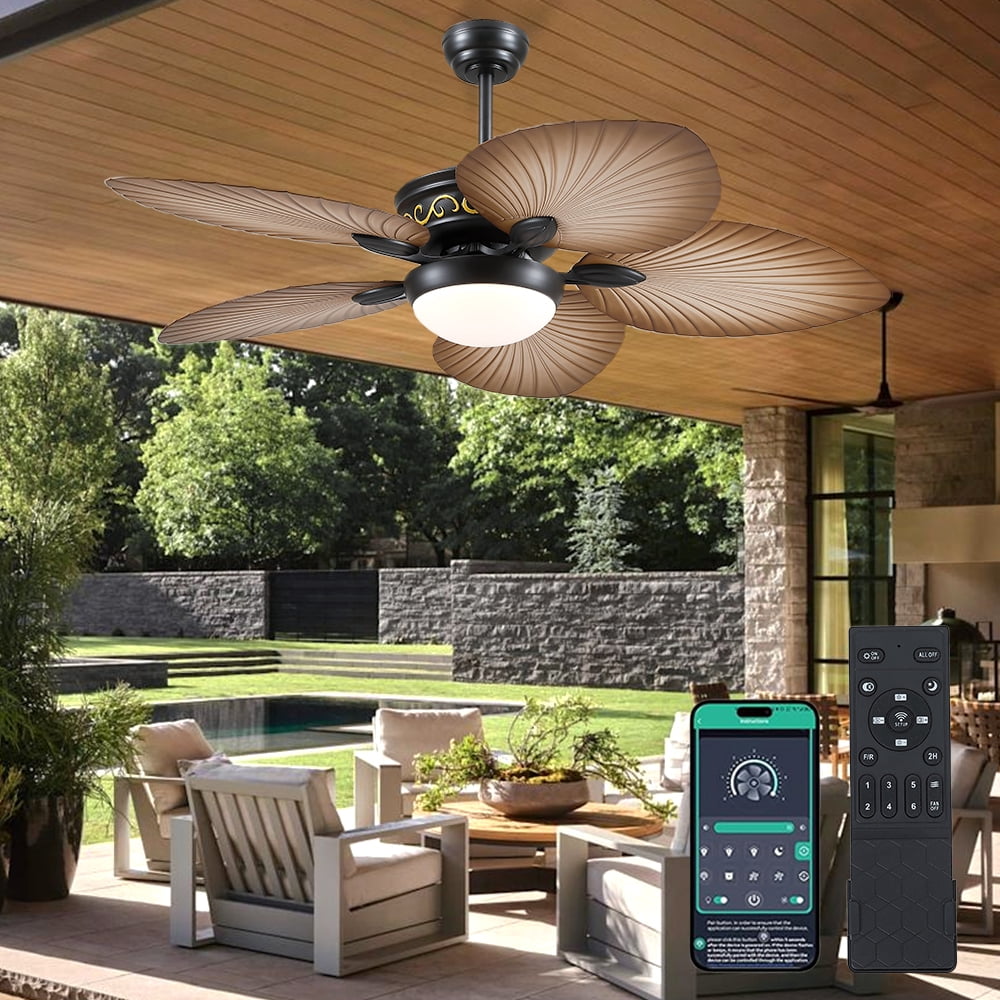 Phorus 52″ Tropical Ceiling Fan with Dimmable LED Light, Quiet Reversible DC Motor, Remote & APP Control, Adjustable Height – Indoor & Covered Outdoor Patio