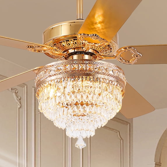 BayDay 62" Crystal Ceiling Fan Fandelier with Lights, Gold Modern Fan with Remote, Noiseless DC Motor, Energy-Efficient, Retro/Farmhouse Lighting for Living Room & Bedroom, Timer & 6-Speed Settings