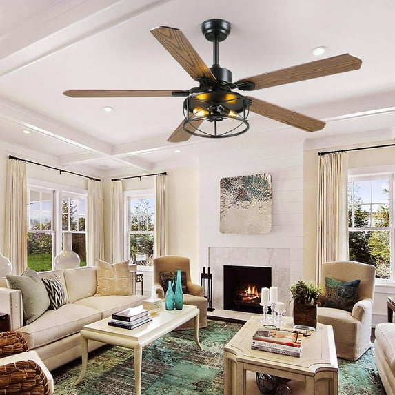 PHORUS 56" Vintage Style Ceiling Fan with Light & Remote,5 Reversible Blades, Rustic Industrial Flush Mount Fan for Bedroom, Living Room, Patio, E26 Bulb Included