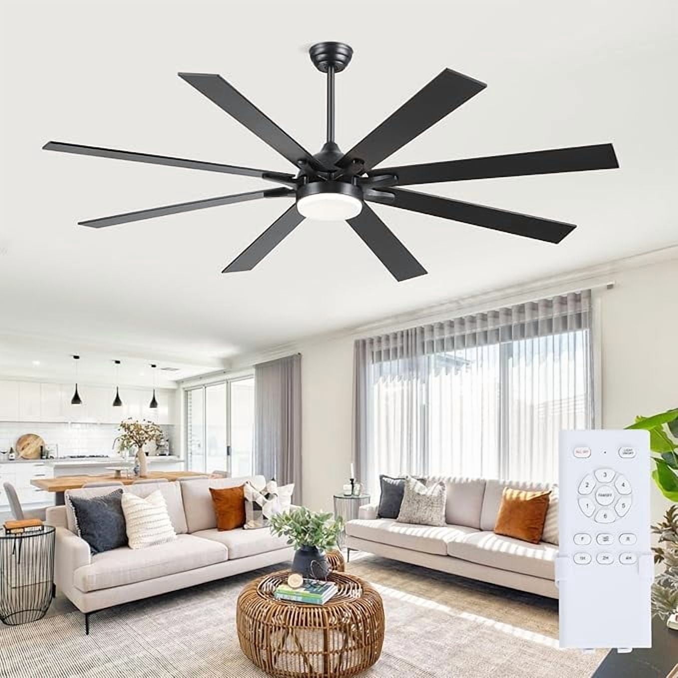 PHORUS 72" Modern Ceiling Fan with LED Light, Quiet Reversible Motor, 6-Speed Remote Control, Adjustable Height, Black – Indoor & Covered Patio