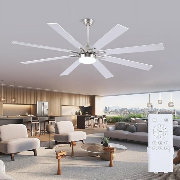 PHORUS 72" Modern Ceiling Fan with LED Light, Quiet Reversible Motor, 6-Speed Remote Control, Adjustable Height, Silver– For Large Rooms & Covered Patios