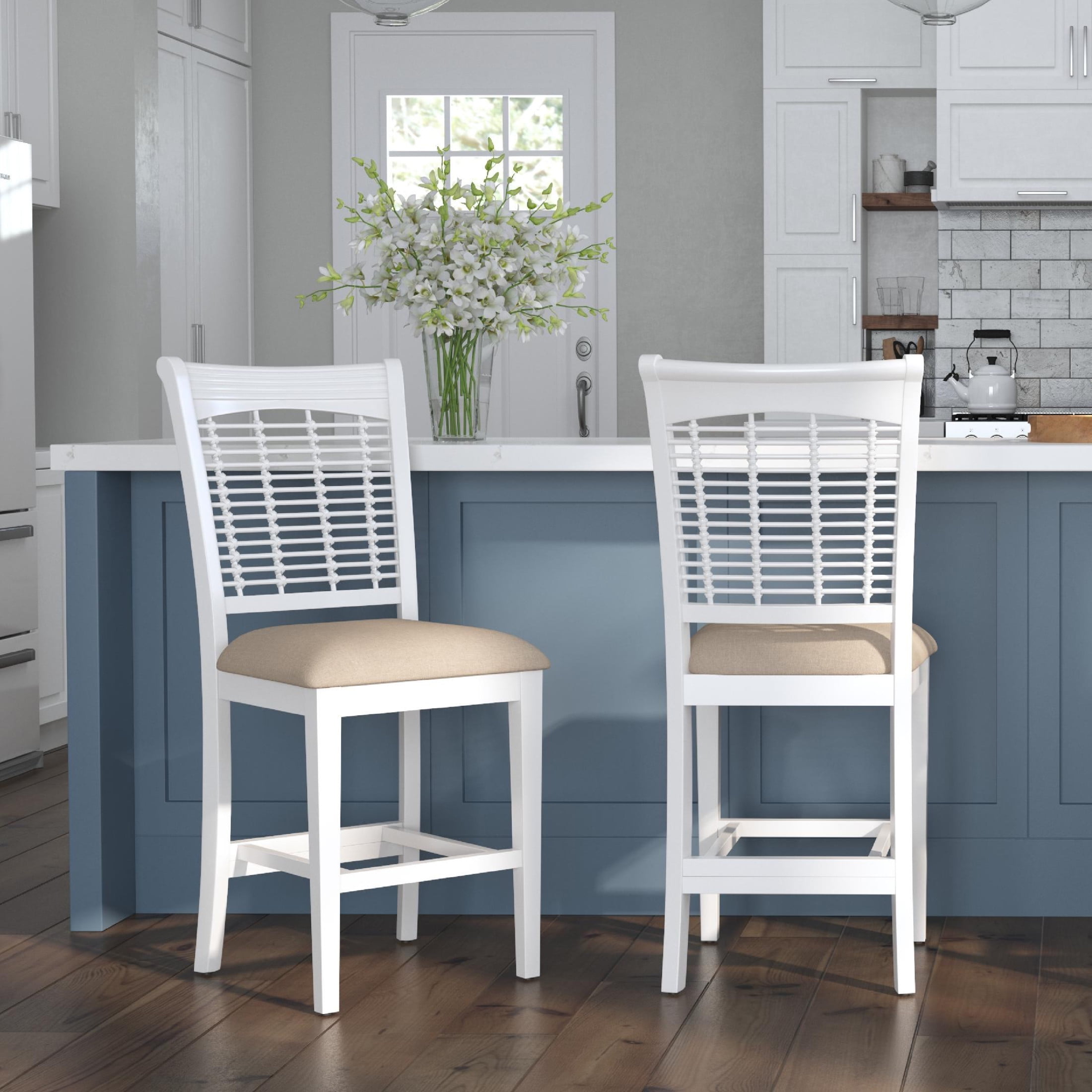 Bayberry White Wood Counter Stools with Beige Upholstery, Set of 2