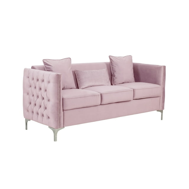 Bayberry Pink Velvet Sofa with 3 Pillows