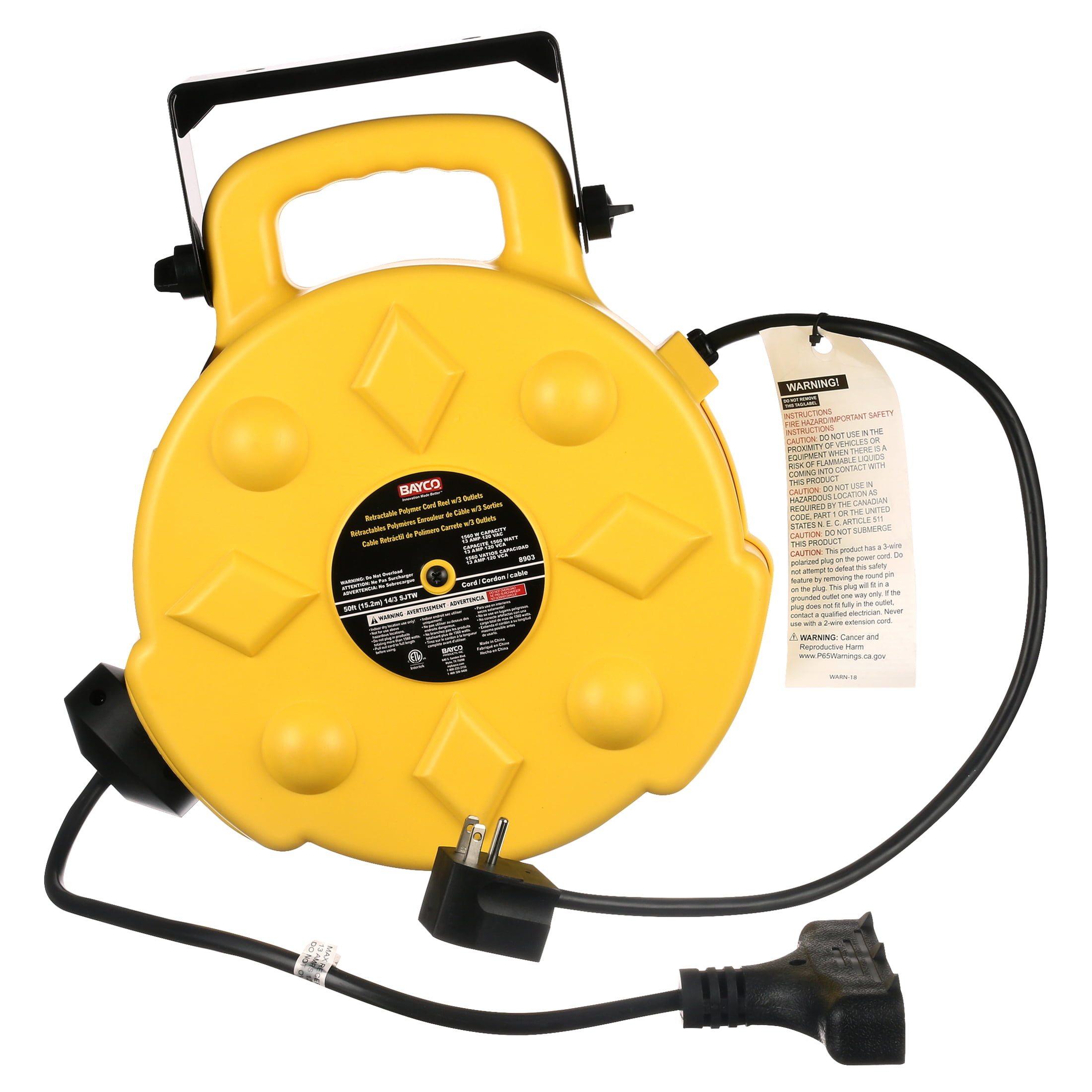Bayco SL8903 13 Amp Retractable Polymer 3 Outlets 50 ft. Cord Reel ...