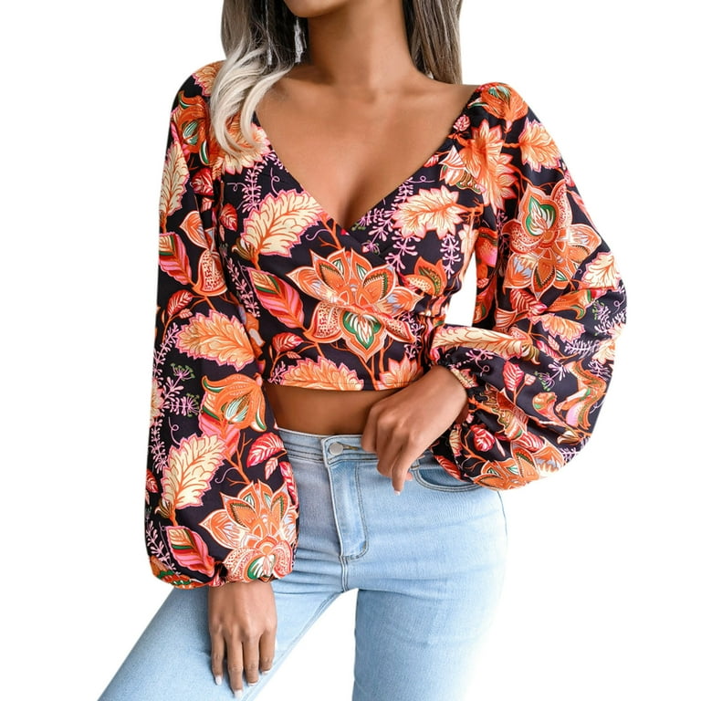 Baycosin Chiffon Tops for Women Resort Style Long Puff Sleeve T Shirt  V-Neck Floral Crop Top