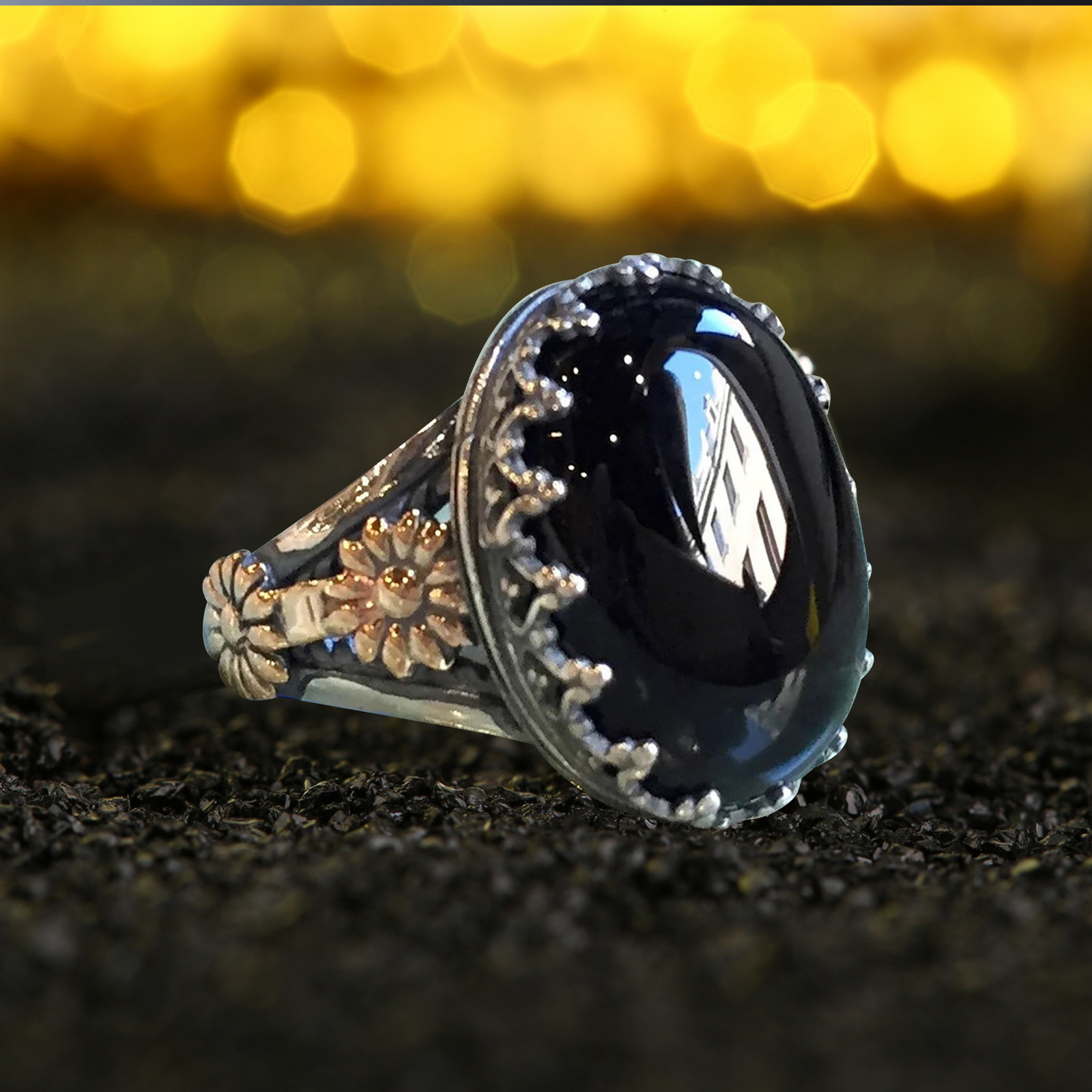 Baycosin Fashion Elegant Black Stone Jewelry Relief Sculpture Ring ...