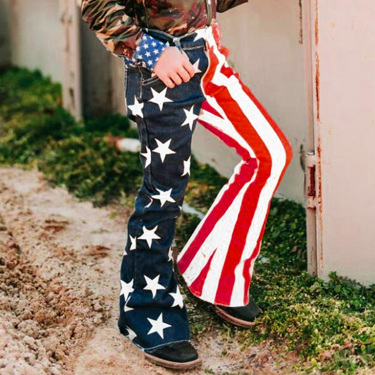 Baycosin Girls Flared Jeans for Family Matching Stars and Stripes Printed Patchwork Color Deam Pants
