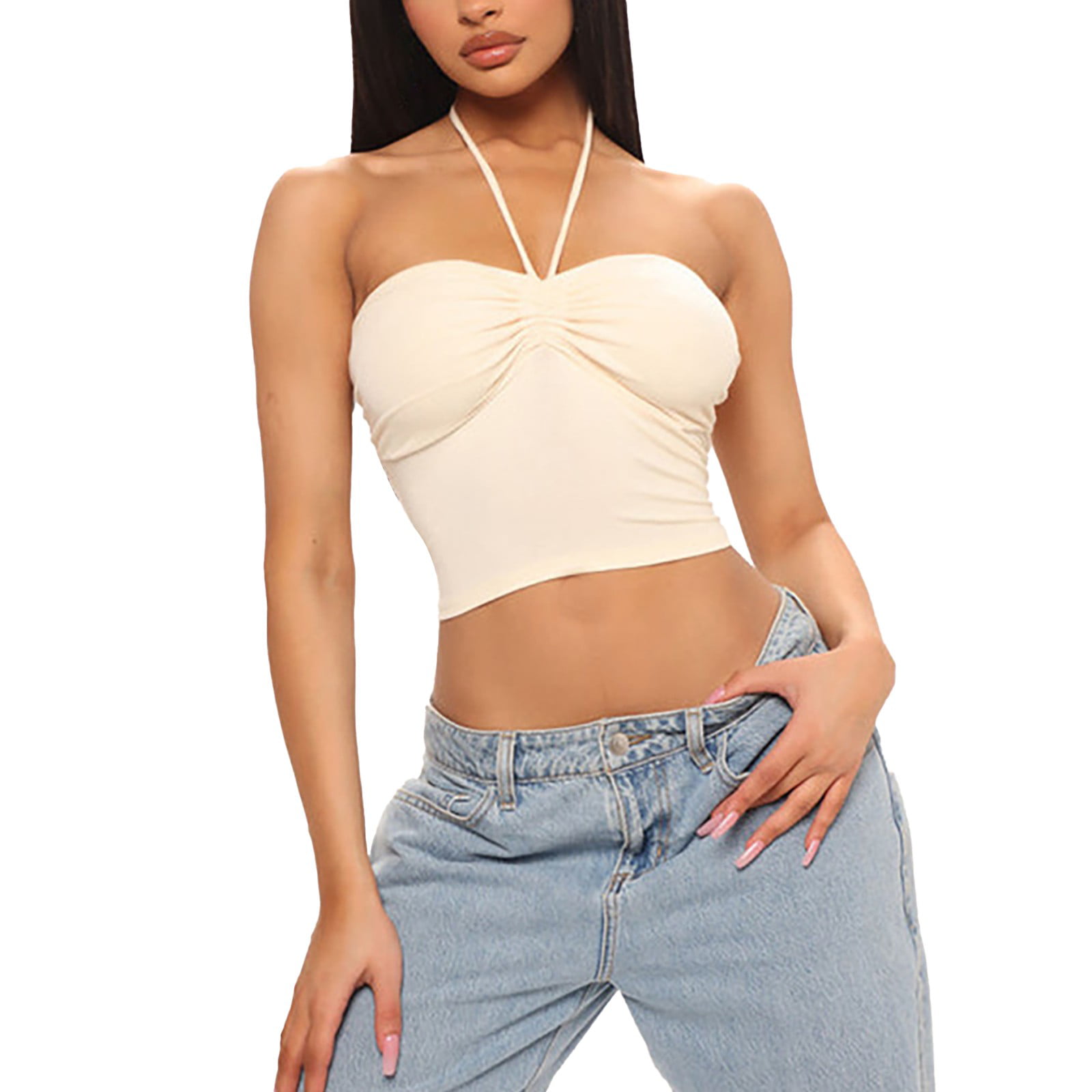 Baycosin Tank Top With Built In Bra For Women Summer Crop Top Halter Neck  Criss Tops Backless Tank Cropped Top 