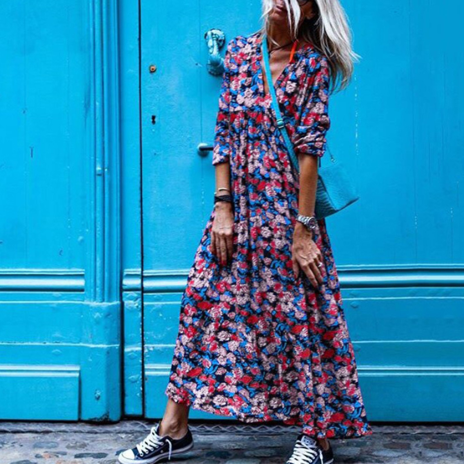 Baycosin Women Fashion Boho Print Long Sleeve Dress V Neck Loose Splice