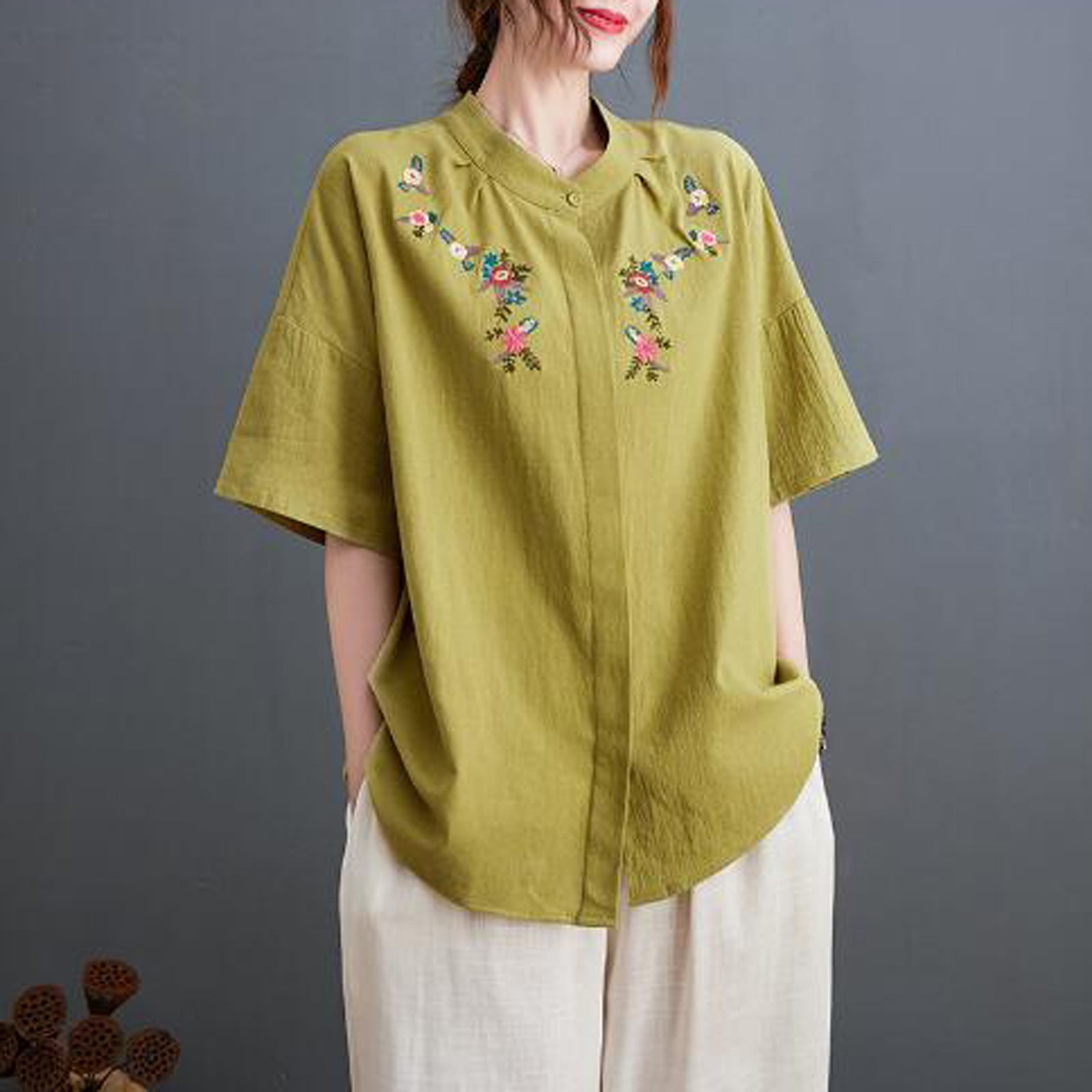 Baycosin Women's New Large Loose Standing Neck Embroidered Short Sleeve