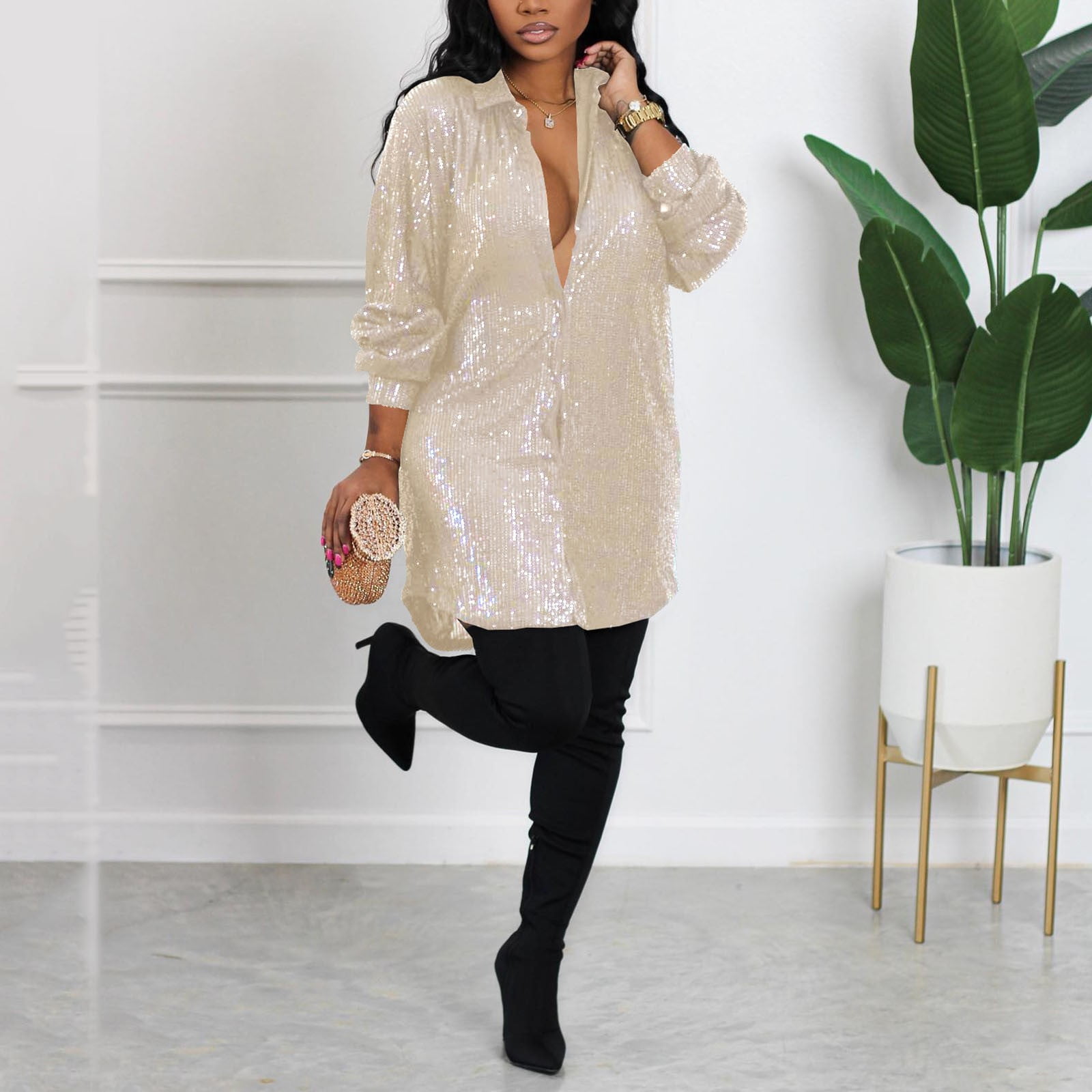 Baycosin Womens Sequins Mini Dress Sparkly Button Down Blouse Tunic