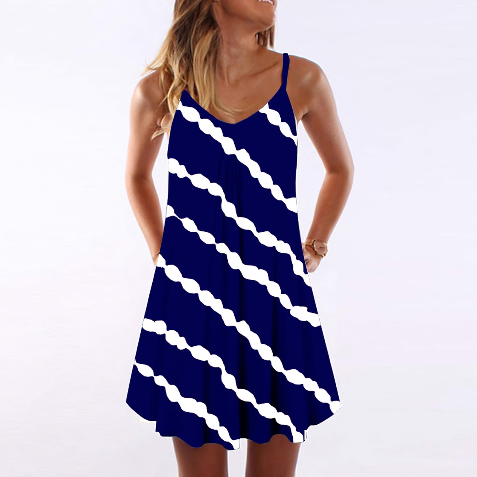 Baycosin Womens Summer Striped TieDye Print Sleeveless Dress V Neck A