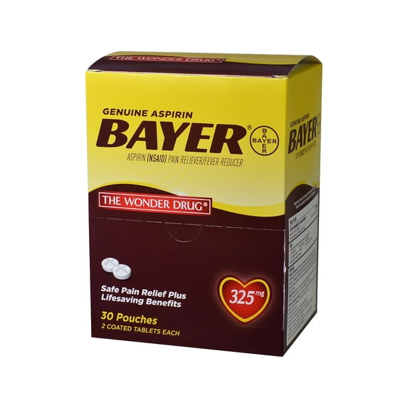 Bayer 325mg Genuine Buffered Aspirin (NSAID) Tablet 2/Pouch 30 Pouches/Box (64268)
