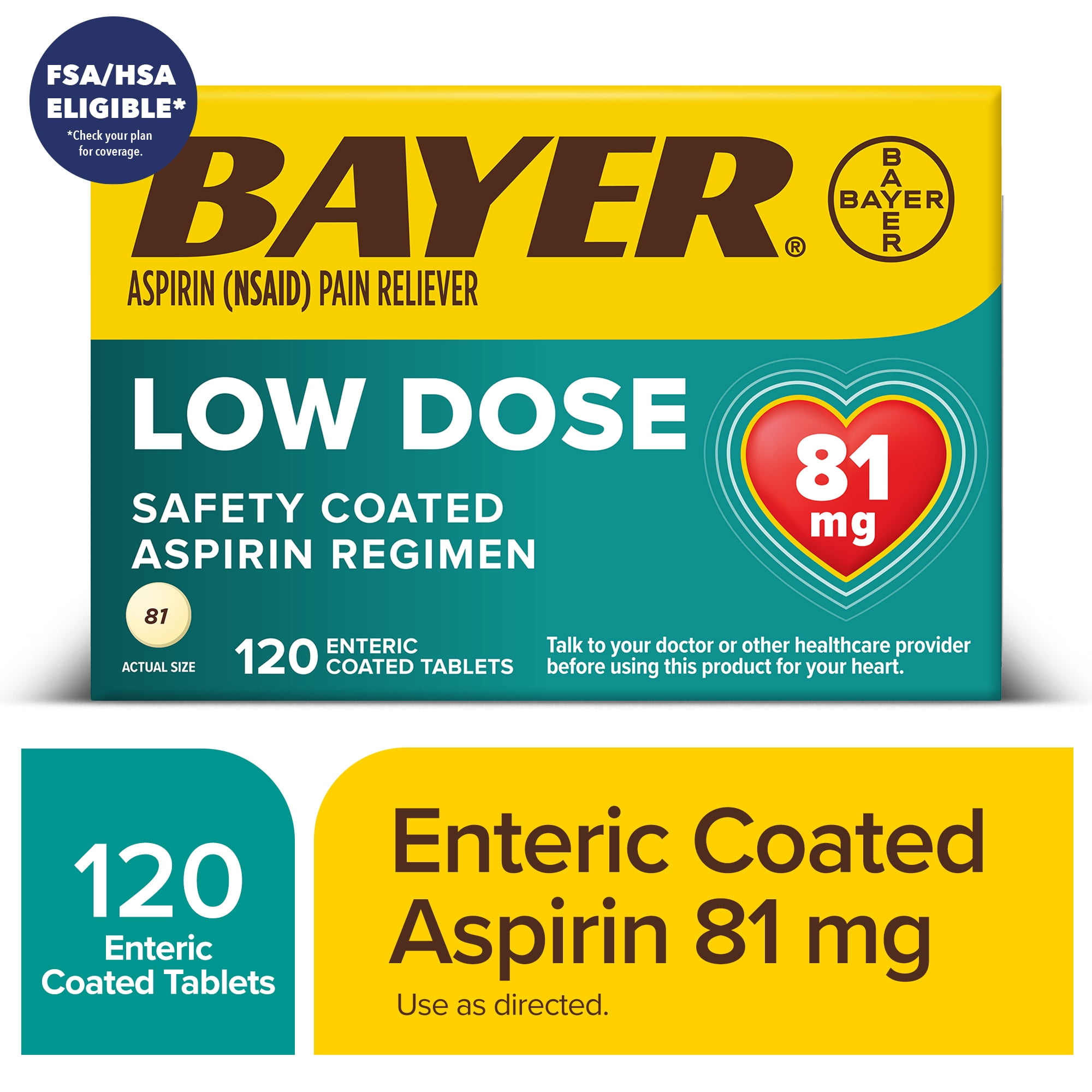 Bayer Aspirin Low Dose, 81mg, Pain Reliever Enteric Coated Tablets, 120 Count