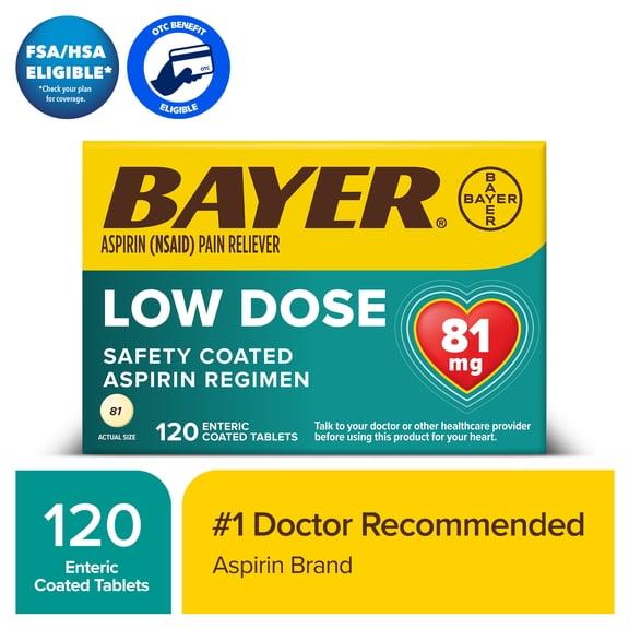Bayer Aspirin Low Dose, 81mg, Pain Reliever Enteric Coated Tablets, 120 Count