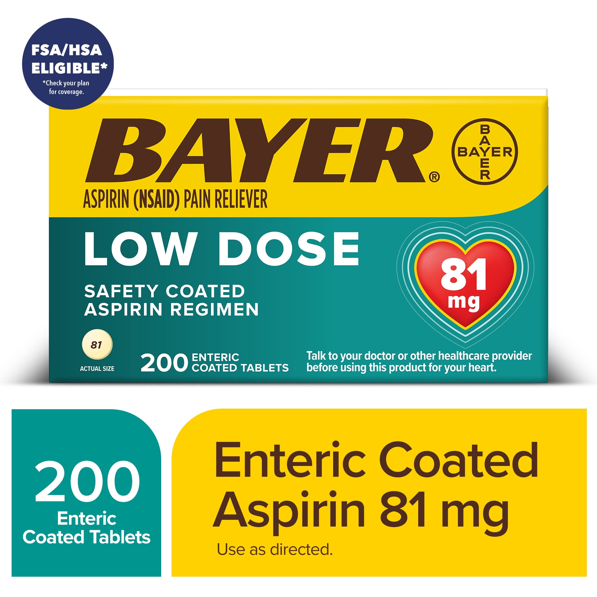 Bayer Aspirin Low Dose, 81 mg, for Cardiovascular Disease Enteric Coated Tablets, 200  Count