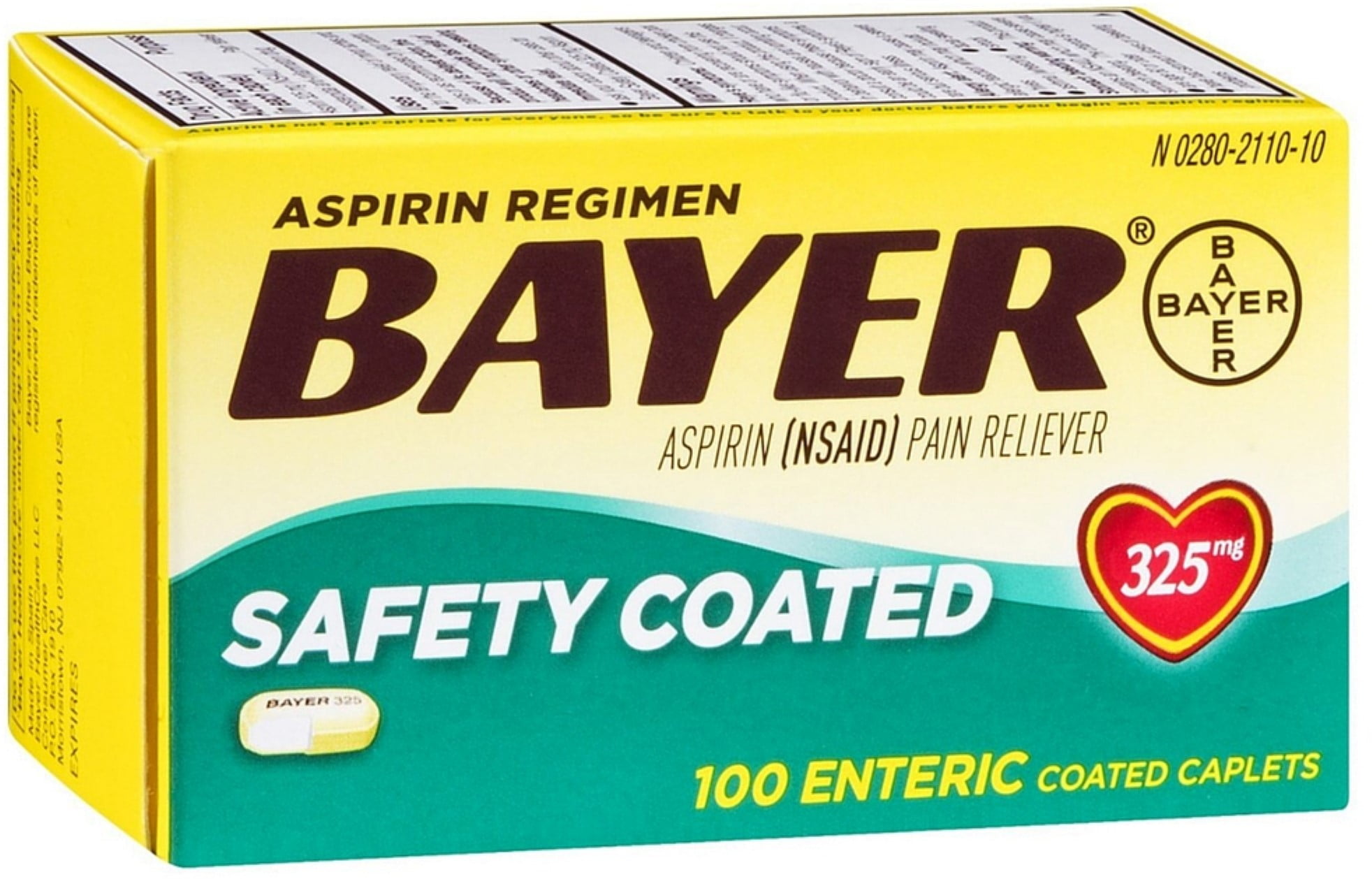 Bayer Aspirin Pain Reliever Safety Coated Enteric Caplets, 325 mg, 100