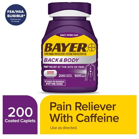 Bayer Back and Body Extra Strength Aspirin 500 mg, Pain Reliever With Caffeine, 200 Coated Caplets