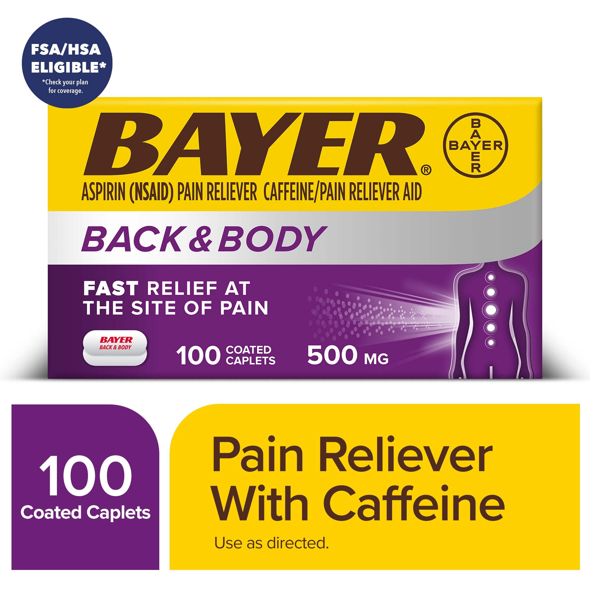 Bayer Back and Body Extra Strength Aspirin 500mg, Aspirin Plus 32.5 mg Caffeine Pain Reliever, Powerful Back and Body Pain Relief, 100 Coated Caplets