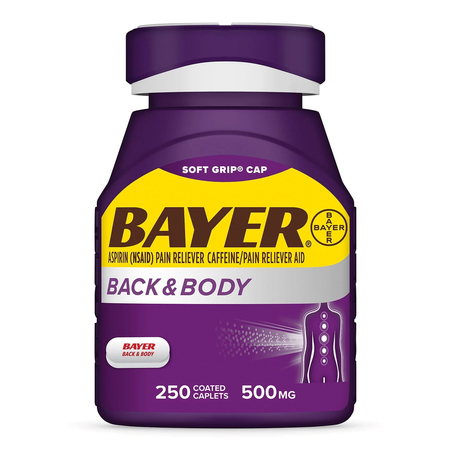 Bayer Back and Body Pain Reliever Aspirin with Caffeine, 500mg, 250 Count