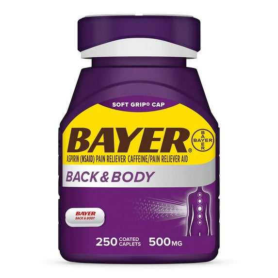 Bayer Back and Body Pain Reliever Aspirin with Caffeine, 500mg, 250 Count