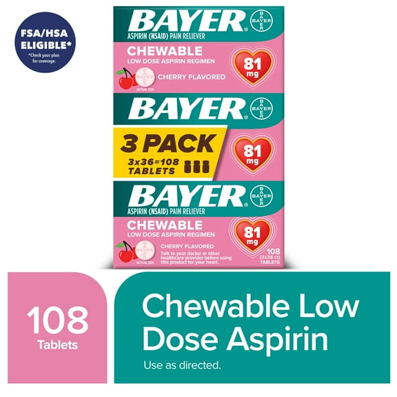 Bayer Chewable Aspirin Regimen Low Dose Pain Reliever Tablets, 81mg, Cherry, 108 Count