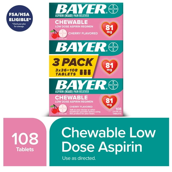 Bayer Chewable Aspirin Regimen Low Dose Pain Reliever Tablets, 81mg, Cherry, 108 Count