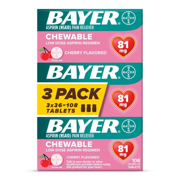 Bayer Chewable Aspirin Regimen Low Dose Pain Reliever Tablets, 81mg, Cherry, 108 Count