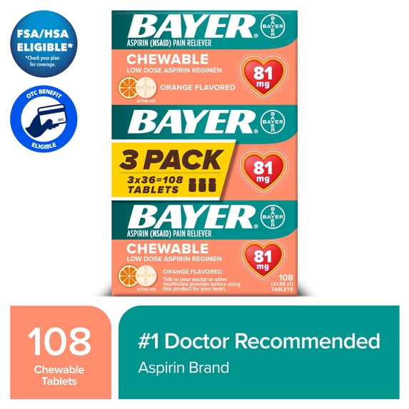 Bayer Chewable Aspirin Regimen Low Dose Pain Reliever Tablets, 81mg, Orange, 108 Count