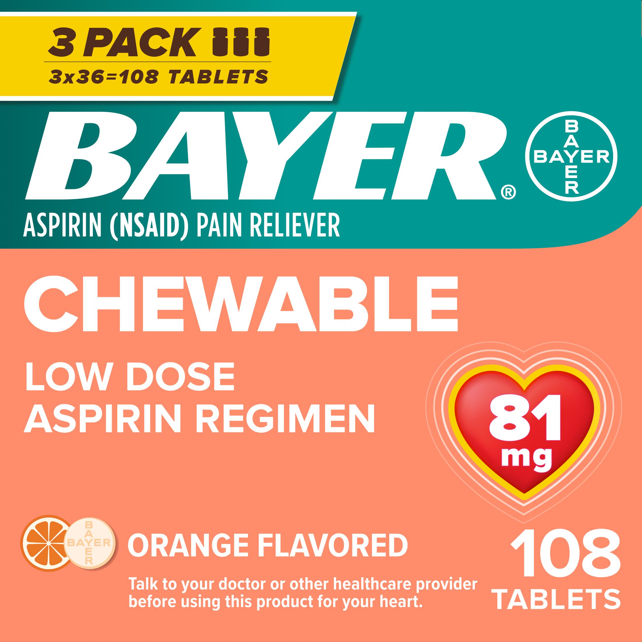 Bayer Chewable Aspirin Regimen Low Dose Pain Reliever Tablets, 81mg, Orange, 108 Count - image 1 of 2