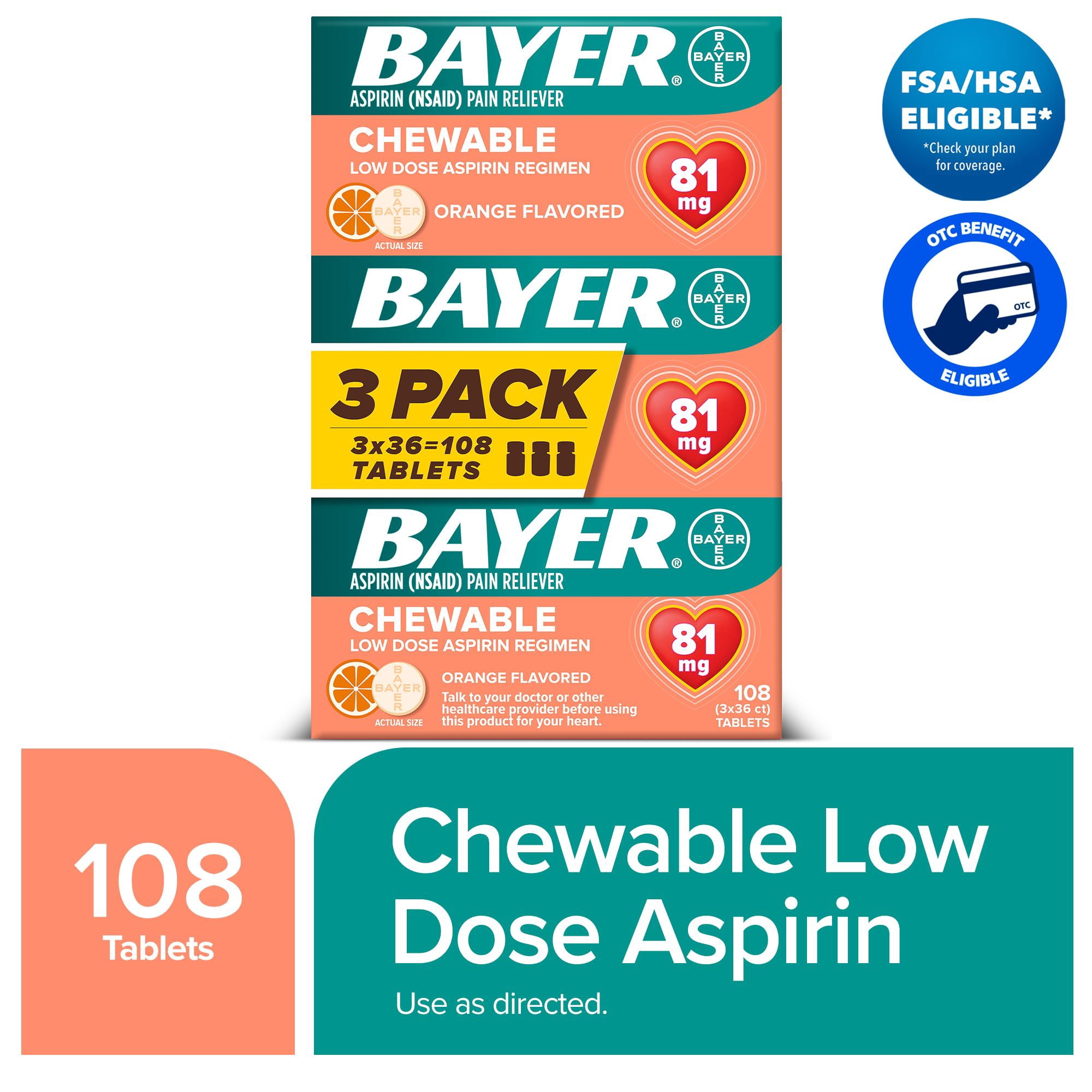 Bayer Chewable Aspirin Regimen Low Dose Pain Reliever Tablets