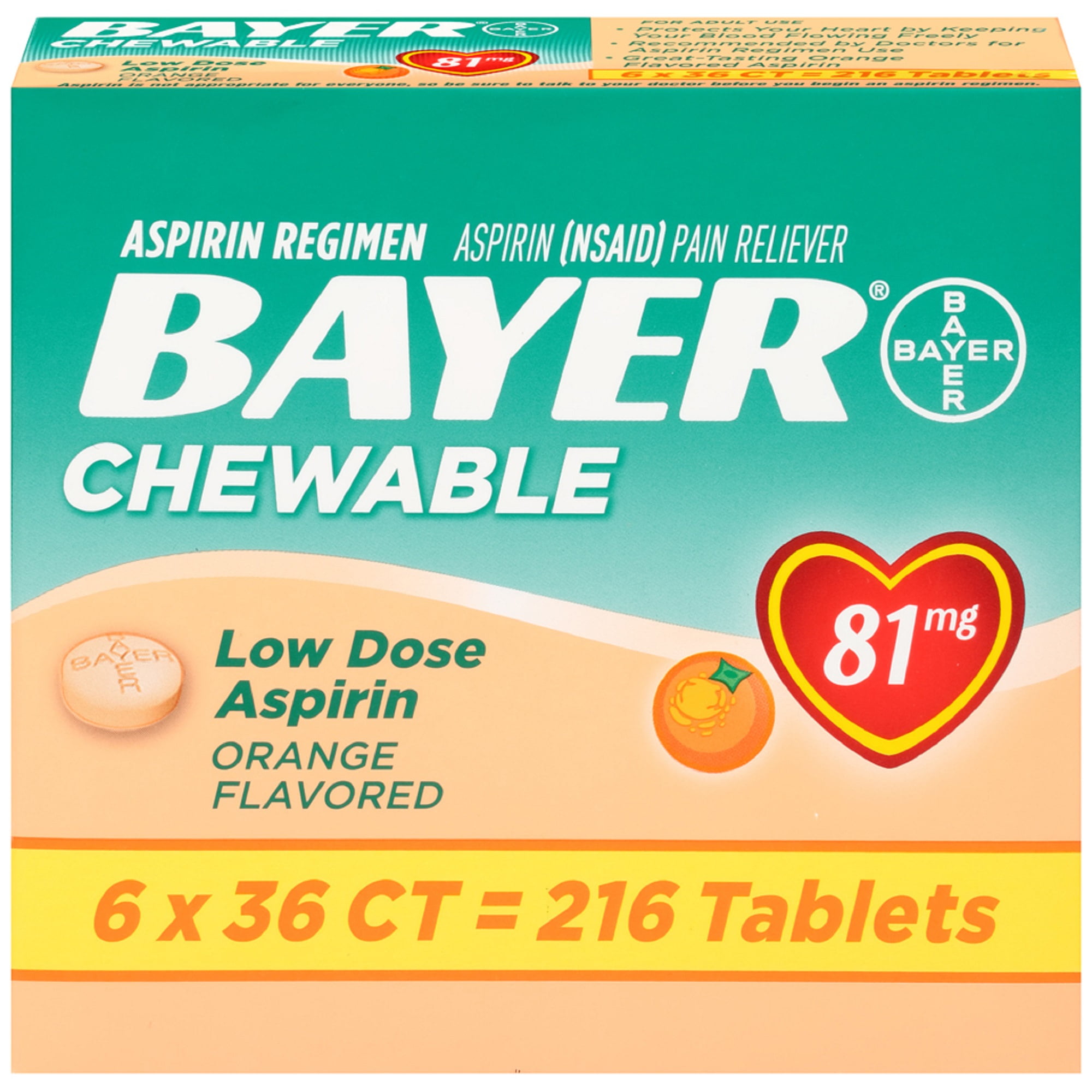 Bayer Chewable Low Dose Aspirin Orange Flavored 216 Tablets