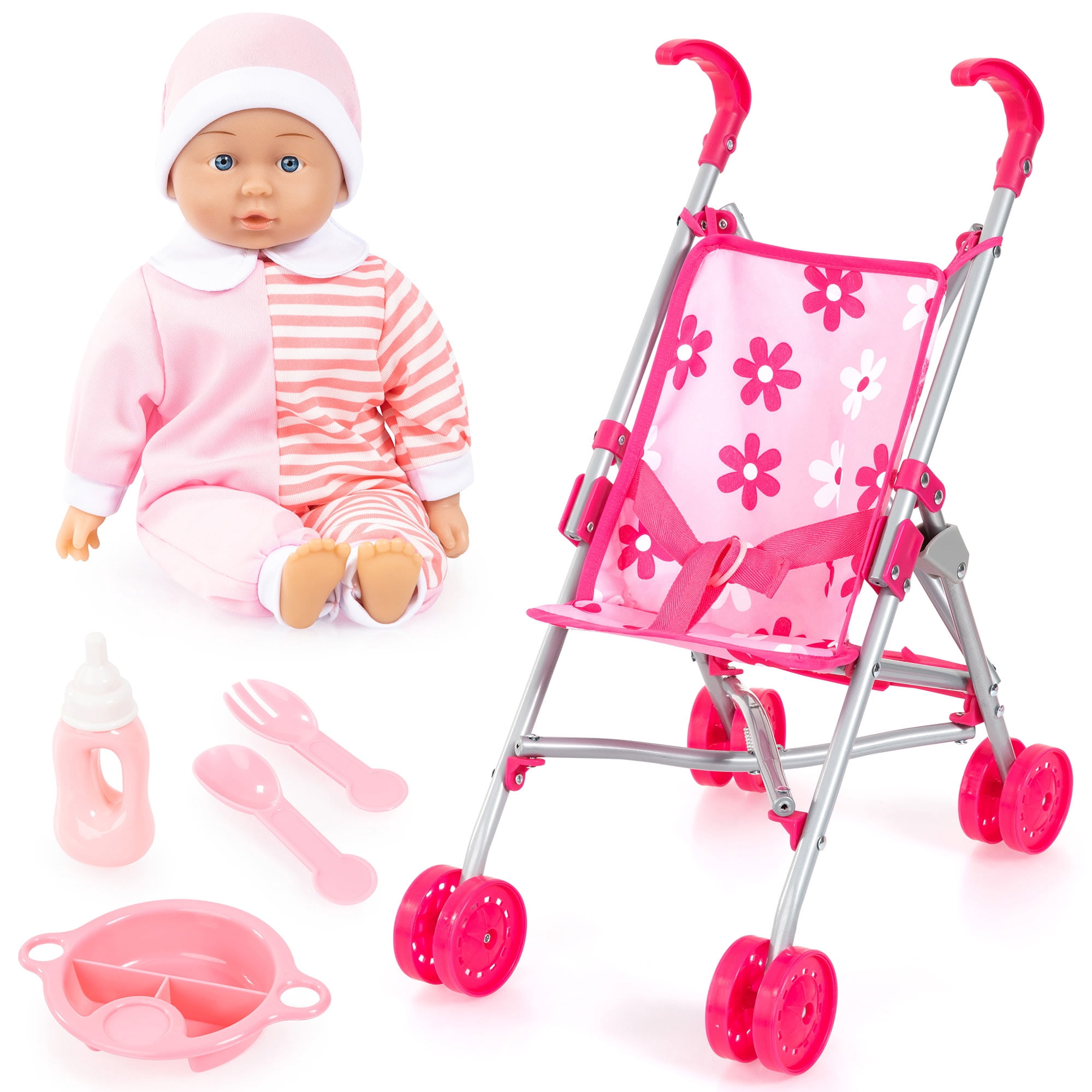 Bayer Design: Buggy & 14" Baby Doll Set - Pink & White Striped Onesie, Flower Umbrella Push Stroller, Toy Feeding Care Accessories, Kid-Toddlers 18mo+