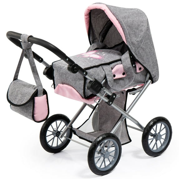 Bayer Design: City Star Doll Pram - Grey-Pink-Butterfly - 2-In-1 Pushchair & Stroller, Adjustable Handle, Carry Cot & Bag, Dolls Up To 18", Kids 3+