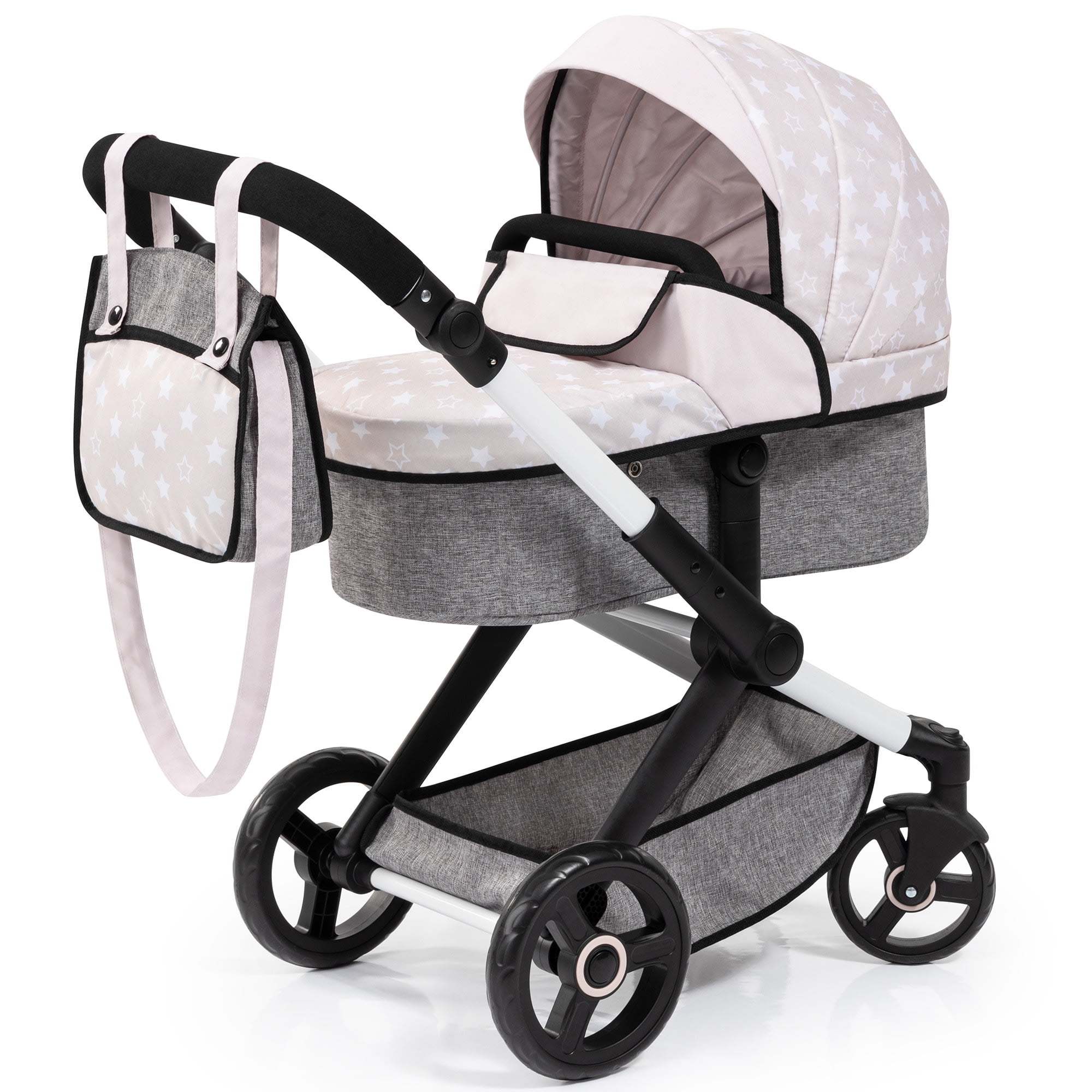 Gray and White Stars Convertible Doll Pram with Matching Bag