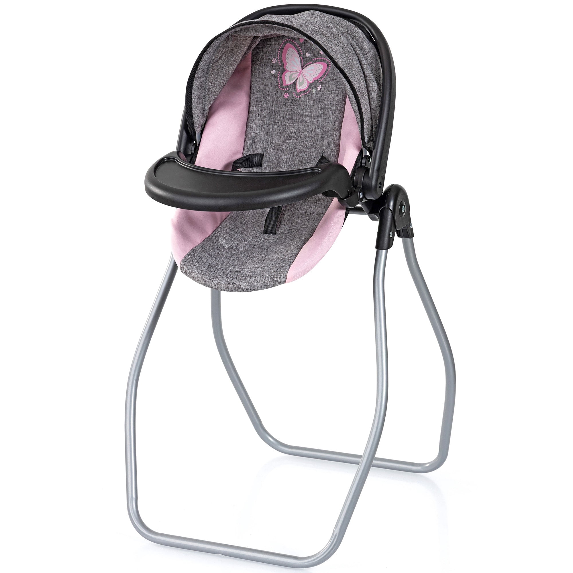 Bayer Design: Doll 4-In-1 Vario - Grey-Pink-Butterfly - Convertible Toy: Highchair-Swing-Bed-Car Seat, All-In-1 Care Accessory Fits 18" Dolls, Kids 3+